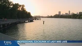 Famous slackliner walks over Lady Bird Lake