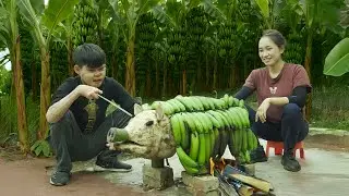 Harvest giant bananas to sell at market, cook in tropical garden