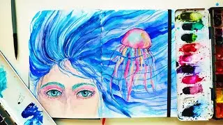 Watercolor Nautical Illustration with Jellyfish and Portrait \ Speed Painting