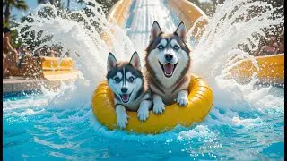 Adorable cute dog Husky waterpark adventure | ai dog video #aidogvideo