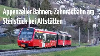 Krasse Steigung! Appenzeller Bahnen: Zahnradschmalspurbahn auf dem Steilstück bei Altstätten Stadt