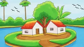 Simple Village Drawing | Easy Drawing by Oil Pastel | Beautiful Village Scenery Drawing |