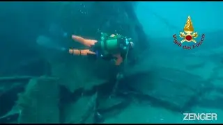 Firefighting Divers Practice Deep Sea Rescue Drill On Sunken Ship
