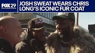 Josh Sweat rocks Chris Long's fur coat from Super Bowl LII parade