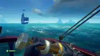 Sea of Thieves sinking a brigantine next to Ancient Spire Outpost