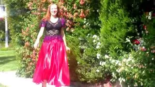 Ameynra fashion - red satin maxi skirt, lace blouse. Designer Sofia Goldberg