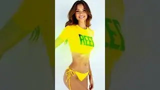 A confident woman poses in a vibrant yellow bikini #model #aiartmodellookbook