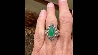 Arts & Crafts Silver Rose Motif Green Chrysoprase Ring