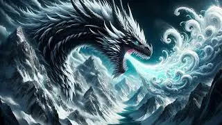 Sensor black dragon with white fur breathing ice from its mouth in a snowy moutain area