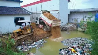 New Land Reclamation Project: Bulldozer & Dump Truck Transforming a Waste-Filled Pond