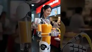 A humanoid female robot produces and serves healthy juice in a fast food store #ai #aiart #shorts