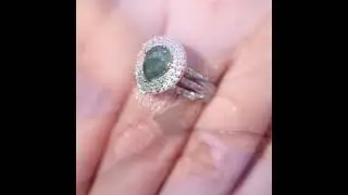 Statement Ring for Women Pear Cut Natural Moss Agate Double Halo