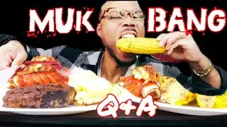 Q+A⁉️N.Y. Strip Steak,Lobster Tails,Four Cheese Mash,Corn on Cob |MUKBANG