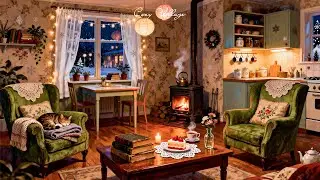 It's a cozy snowy night in a 1950s New York apartment with oldies playing in another room for unwind