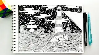 Easy Doodle/Zentangle/Zendoodle landscape/scenery/lighthouse seascape drawing for beginners
