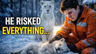 Frozen Forest Rescue: Man Saves Lion Cub in Front of Its Mother