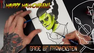 Bride of Frankenstein Draw and Paint Halloween! Tattoo Flash Watercolour Ink Illustration