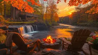 🌅 Calming Autumn Morning by the Waterfall 🍂 Cozy Campfire & Gentle Water Sounds for Stress Relief