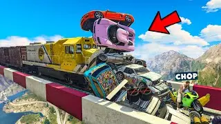 GTA 5 FACE TO FACE CHOP TRAIN VS 100 CARS  ON THE INSANE MOUNTAIN BRIDEGE