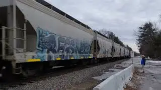 01/14/26CSX LO80 approaches Rockingham junction NH heading to Lawrence MA. Friendly toot of horn 