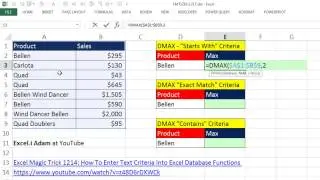 Excel Magic Trick 1217: D Functions: Text Criteria: &ldquo;Starts With&rdquo;, &ldquo;Exact&rdquo; and &ldquo;Contains&rdquo;