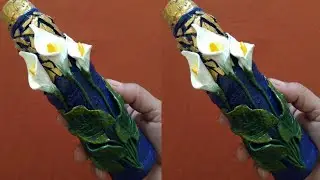 Bottle Art with White Calla Lilly/Bottle Decoration with Calla Lilly Clay Flowers