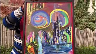 INSTOOK Vibrant City Skyline Wall Art, Abstract Acrylic Painting, Modern Urban Cityscape with Bird,