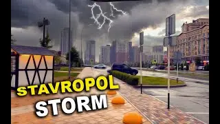 Walking in the rain during a thunderstorm in the city of Stavropol 4K ASMR