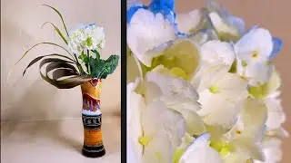 White and Blue Hydrangeas with Phormium Leaves: Stylish Floral Arrangement Ideas