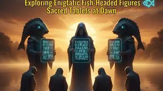 Prompt:Mysteries of Ancient River Rituals Exploring Enigmatic Fish-Headed Figures and Sacred Tablets