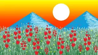How to Draw Easy Mountain and Sunset Scenery with MS Paint-Flower Garden Scenery Drawing in MS Paint