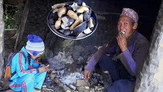 jungle man eats chayote roots & yam roots with village child || family in the jungle || rural Nepal