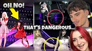 K-pop айдолы поскальзываются и падают из-за скользкой сцены | РЕАКЦИЯ