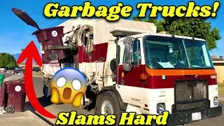 Garbage Truck on Slamming Trash Bins 😳