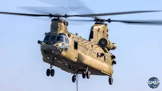 [4K] Chinook CH-47 fire fighting with a fire bucket system, able to drop 10 tons of water at once