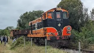 124 hauling a loaded ballast train at the Downpatrick & County Down Railway