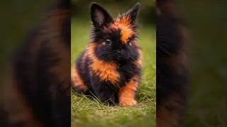 Fluffy black and orange bunny stands on grass, a tiny tiger with soft fur and bright eyes