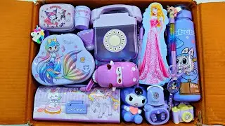 Showing Purple Stationery items - Pencil Case, Piggy bank, Sharpener, Sipper bottle, Pen, Geometry