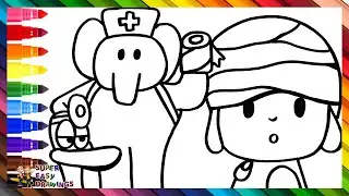 Draw and Color Pocoyó With a Bandage on His Head 👶🤕🦆🐘❤️‍🩹🌈 Drawings for Kids