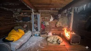 EXTREME -45 Snowstorm and wolves, I'm hiding in a log cabin, off grid living