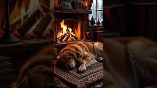 4K Fireplace Snowfall Ambience ❄️ Cozy Winter Cabin with Sleeping Dog | Crackling Fireplace Sounds