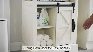 OKD Bathroom Floor Cabinet, Farmhouse Storage Cabinet with Sliding Barn Door & Storage Drawers