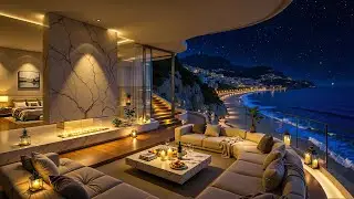 Seaside Night Jazz Ambience in a Luxury Apartment - Soothing Jazz Music with Ocean Waves for Calm