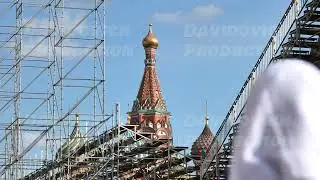 Saint Basil's Cathedral undergoing restoration with scaffolding in Moscow