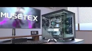 MUSETEX 270&deg; Full View Tempered Glass Gaming PC Case, Black, Y6