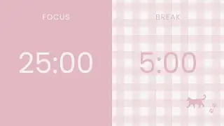2 hour Pomodoro Timer 25/5 with a Little Cat 🐈&zwj;⬛🩷 No Music, Gingham Pink & Soft White Calm Study