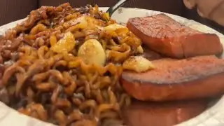 Korean Black bean noodles, Teriyaki Spam, Fried GARLIC MUKBANG