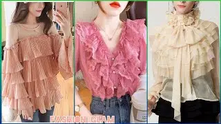 Gorgeous Ruffle Trim Crinkle Chiffon Ladies Formal Slim Blouse Shirts And Top Styles 2022