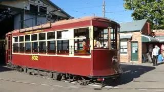 Bendigo Tramways tram number 302 pulls out of the trams sheds at the depot.