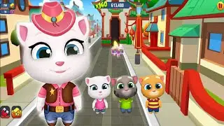 Talking Tom Gold Run In China - Angela Cowboy vs Raccoon Bomb Boss - Full Screen Game
